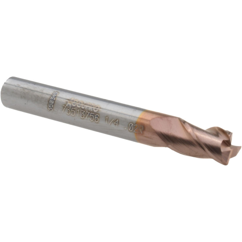 Accupro 73513756 Corner Radius End Mill 1/4" Dia, 3/8" LOC, 0.02" Radius, 3 Flutes, Solid Carbide