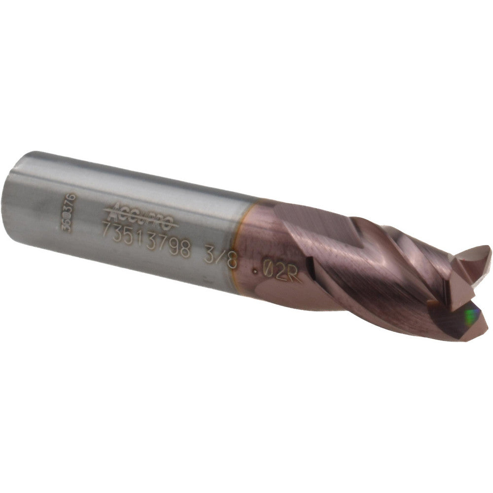 Accupro 73513798 Corner Radius End Mill 3/8" Dia, 1/2" LOC, 0.02" Radius, 3 Flutes, Solid Carbide