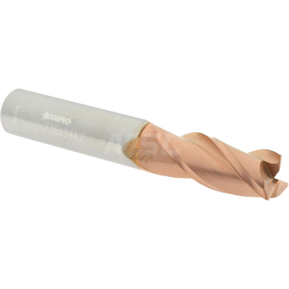 Accupro 73513947 Corner Radius End Mill 7/16" Dia, 1" LOC, 0.02" Radius, 3 Flutes, Solid Carbide