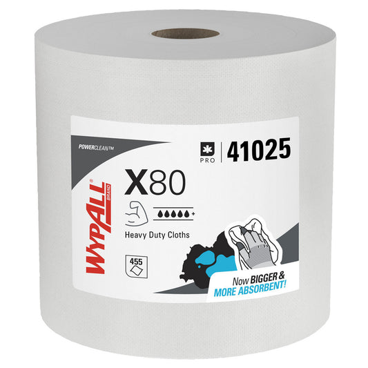 WypAll 41025 PowerClean™ x80 Heavy Duty Cloths (41025), Jumbo Roll, Extended Use Towels, White