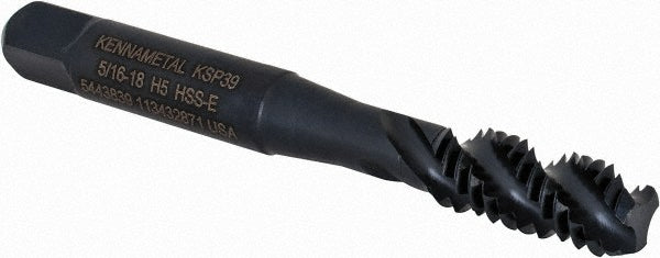 Kennametal 5443839 Spiral Flute Tap 5/16-18, 3 Flute, Bottoming Chamfer, 2B Class of Fit, Cobalt, Oxide Finish
