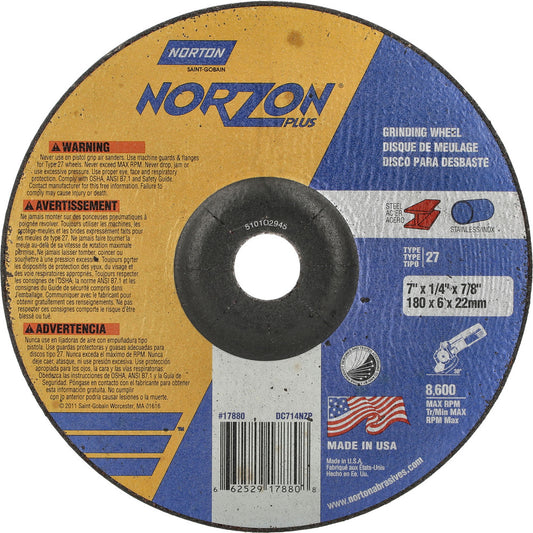 Norton 66252917880 Depressed Center Wheel Type 27, 7" Dia, Ceramic