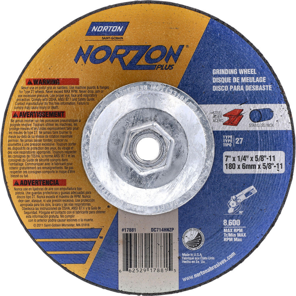Norton 66252917881 Depressed Grinding Wheel  Type 27,  7" Dia,  1/4" Thick,  Ceramic Alumina