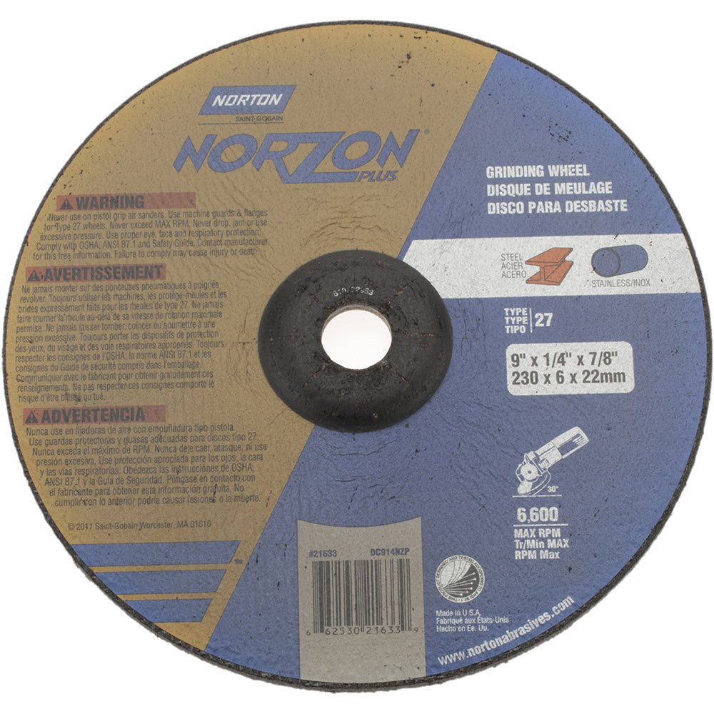 Norton 66253021633 Depressed Center Wheel Type 27, 9" Dia, Ceramic
