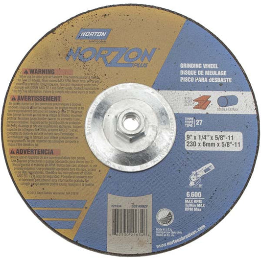 Norton 66253021634 Depressed Center Wheel Type 27, 9" Dia, Ceramic