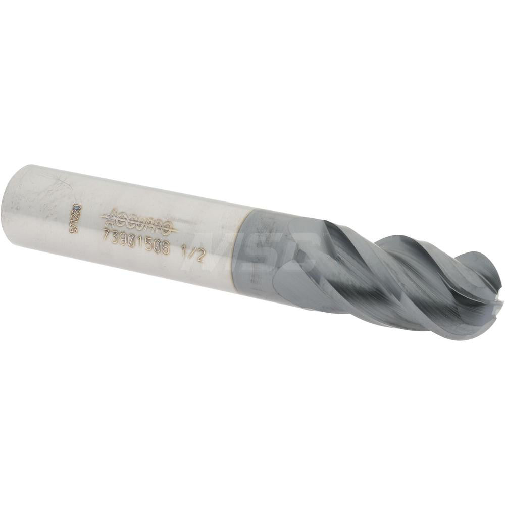 Accupro 73901506 Ball End Mill 0.5" Dia, 1" LOC, 4 Flute, Solid Carbide