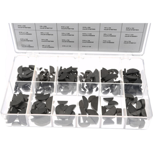 Value Collection K25002050 Key & Keyway Assortments Assortment Type Woodruff Key Assortment  Material Alloy Steel  Includes Assorted Woodruff Keys, Compartmented Storage Case  Number Of Pieces 350  Maximum Size 3/8 x 1-1/2