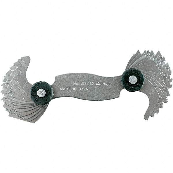Mitutoyo 188-152 Screw Pitch Gages Measurement Type Inch/Metric  Pitch Range (mm) 0.50-6.00  Threads per Inch Range 4 - 56  Thread Angle (Degrees) 60.00  Number of Leaves 28  For Thread Location External Internal