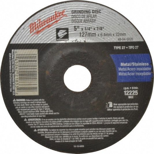 Milwaukee Tool 49-94-5020 Depressed Center Wheel Type 27, 5" Dia, Aluminum Oxide