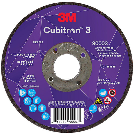 3M 7100303966 Depressed-Center Wheels Wheel Diameter (Inch) 4-1/2  Wheel Thickness (Inch) 1/4  Hole Size 7/8 (Inch) Wheel Type Type 27  Abrasive Material Precision Shaped Ceramic  Grit 36