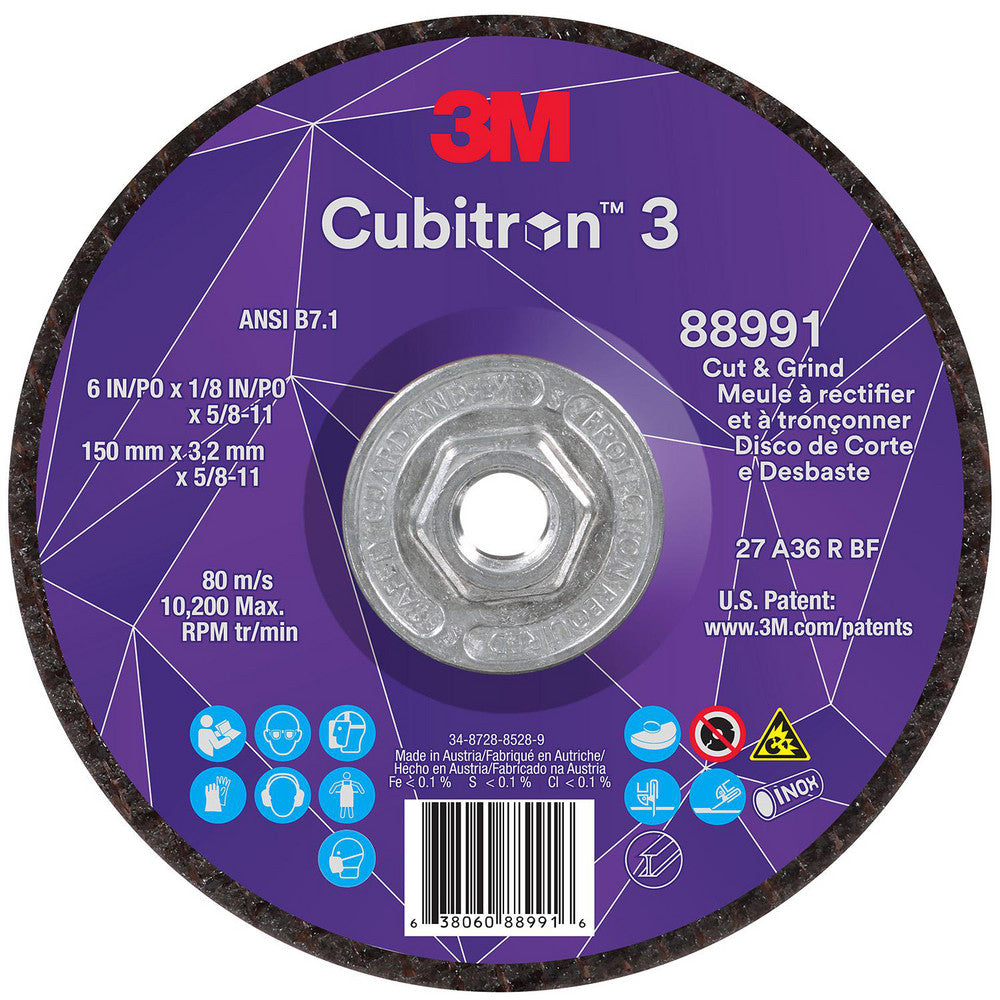 3M 7100313205 Depressed-Center Wheels Wheel Diameter (Inch) 6  Wheel Thickness (Inch) 1/8  Hole Thread Size 5/8-11  Wheel Type Type 27  Abrasive Material Precision Shaped Ceramic  Grit 36