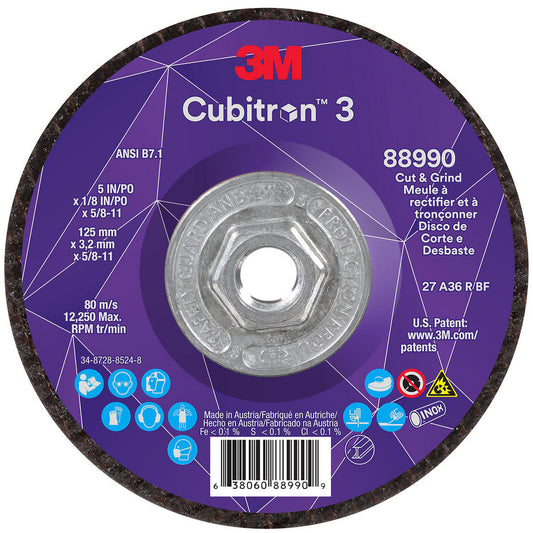 3M 7100313204 Depressed-Center Wheels Wheel Diameter (Inch) 5  Wheel Thickness (Inch) 1/8  Hole Thread Size 5/8-11  Wheel Type Type 27  Abrasive Material Precision Shaped Ceramic  Grit 36