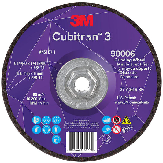 3M 7100312966 Depressed-Center Wheels Wheel Diameter (Inch) 6  Wheel Thickness (Inch) 1/4  Hole Thread Size 5/8-11  Wheel Type Type 27  Abrasive Material Precision Shaped Ceramic  Grit 36