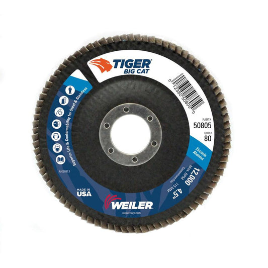 Weiler 50805 Flap Disc  4-1/2" Dia, 7/8" Hole, 80 Grit, Zirconia Alumina, Type 27