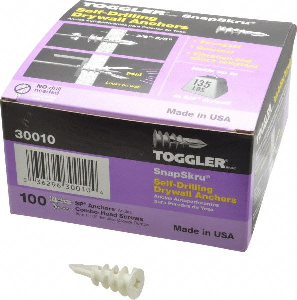 Toggler 30010 5/16" Diam x 1-5/8" OAL, #6 to #10 Screw, Thermoplastic Alloy Self Drilling Drywall & Hollow Wall Anchor