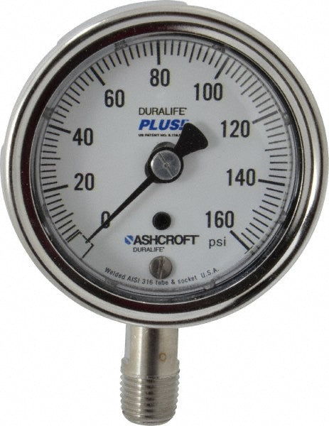 Ashcroft 251009S02LLL160 Pressure Gauge 2-1/2" Dial, 0 to 160 psi, 1/4" Thread, MNPT, Lower Mount