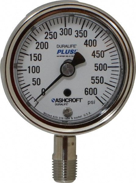 Ashcroft 94333XLL Pressure Gauge 2-1/2" Dial, 0 to 600 psi, 1/4" Thread, MNPT, Lower Mount
