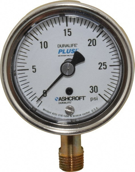 Ashcroft 94577XLL Pressure Gauge 2-1/2" Dial, 0 to 30 psi, 1/4" Thread, MNPT, Lower Mount