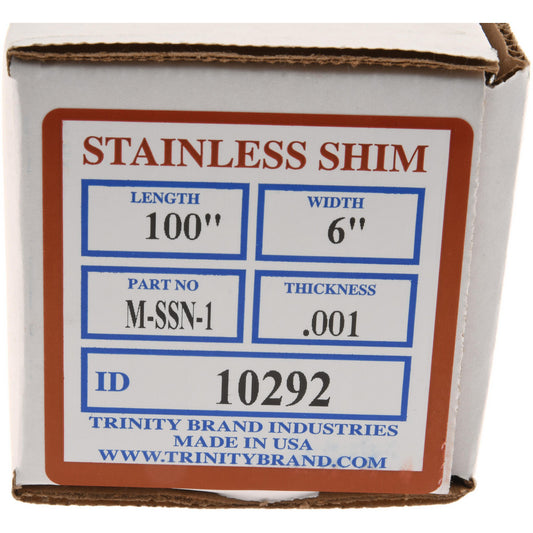 Trinity Brand Industries M-SSN-1 Shim Stock 0.001'' Thick, 100'' Long, 6" Wide, Stainless Steel