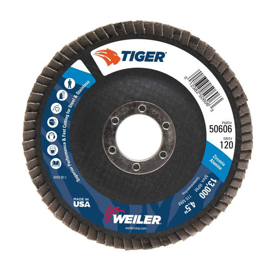 Weiler 50606 Flap Disc  4-1/2" Dia, 7/8" Hole, 120 Grit, Zirconia Alumina, Type 29