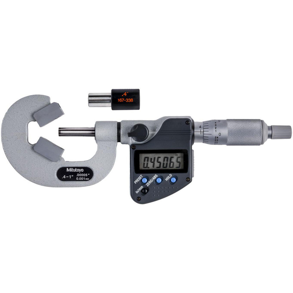 Mitutoyo 314-362-30 0.4 to 1 Inch Measurement, Accuracy Up to 4 micro m, 3 Flutes Measured, Ratchet Stop Thimble, Electronic V Anvil Micrometer