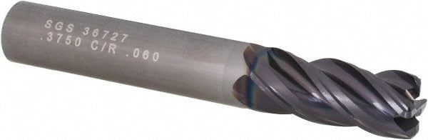 Kyocera SGS Precision Tools 36727 Corner Radius End Mill 3/8" Dia, 7/8" LOC, 0.06" Radius, 4 Flutes, Solid Carbide