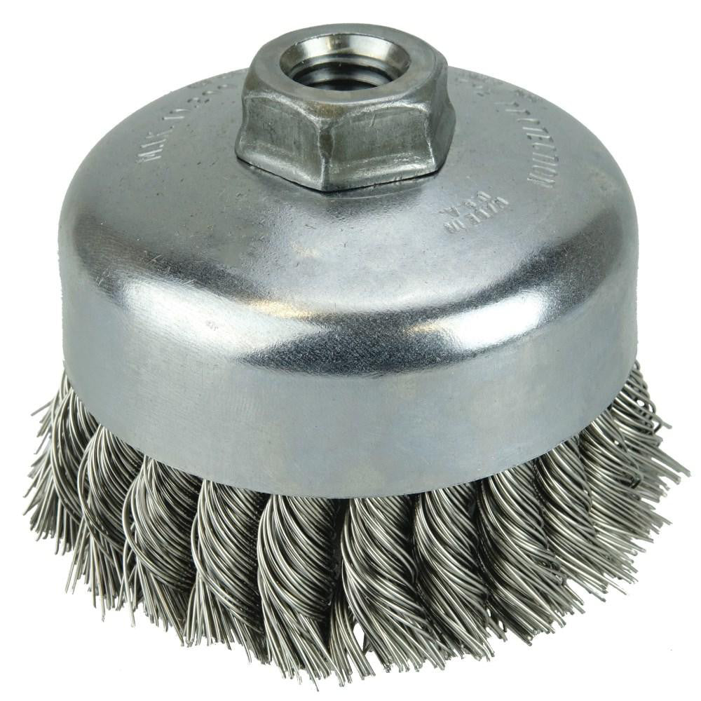 Weiler 12406 Cup Brush 4" Dia, 0.014" Wire Dia, Stainless Steel, Knotted