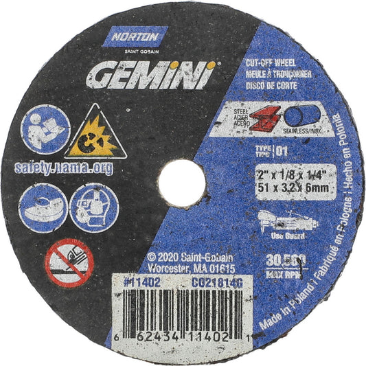 Norton 66243411402 Cut-Off Wheel 2" Dia, 1/8" Thick, 1/4" Hole, Aluminum Oxide
