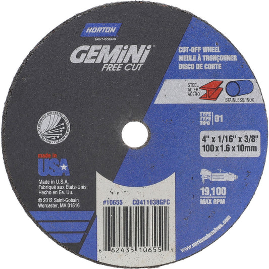 Norton 66243510655 Cut-Off Wheel 4" Dia, 1/16" Thick, 3/8" Hole, Aluminum Oxide
