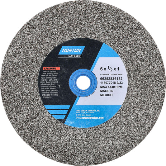 Norton 66252836132 Bench & Pedestal Grinding Wheel 6" Dia, 1/2" Thick, 1" Hole Dia, Aluminum Oxide