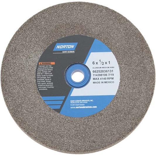 Norton 66252836131 Bench & Pedestal Grinding Wheel 6" Dia, 1/2" Thick, 1" Hole Dia, Aluminum Oxide