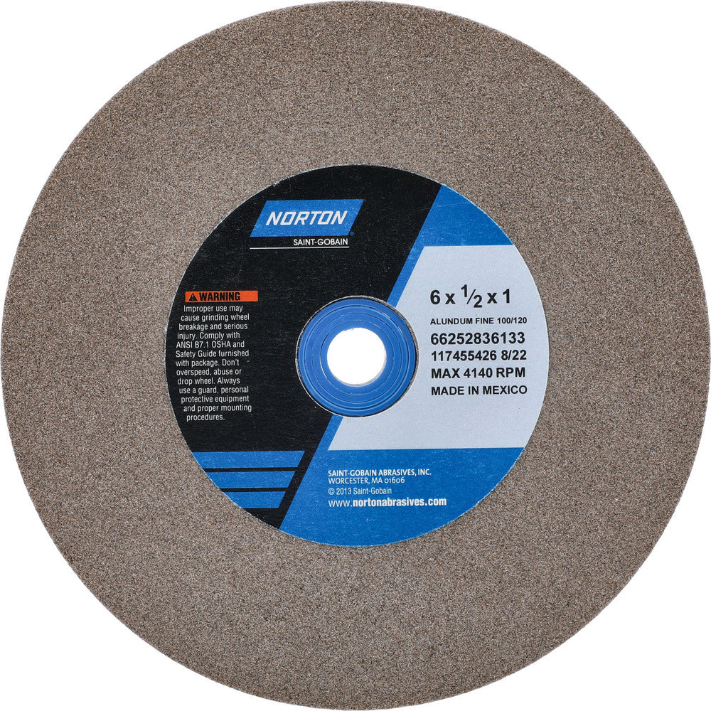 Norton 66252836133 Bench & Pedestal Grinding Wheel 6" Dia, 1/2" Thick, 1" Hole Dia, Aluminum Oxide