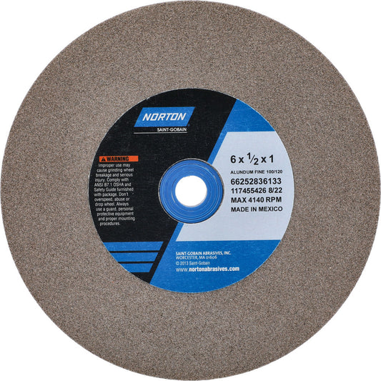 Norton 66252836133 Bench & Pedestal Grinding Wheel 6" Dia, 1/2" Thick, 1" Hole Dia, Aluminum Oxide