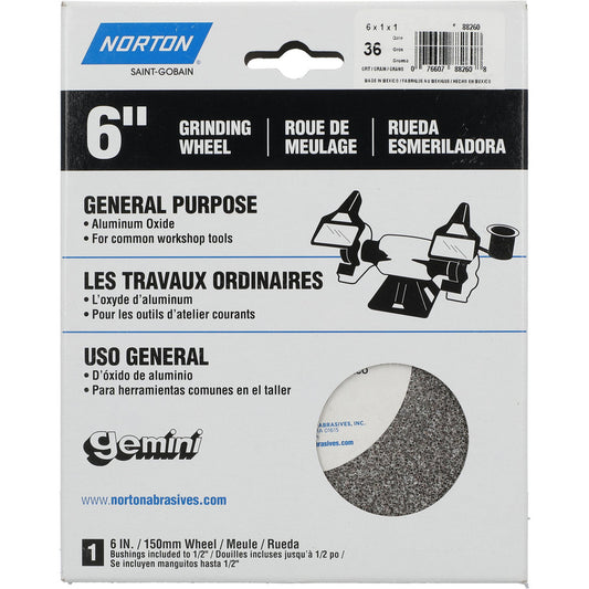 Norton 07660788260 Bench & Pedestal Grinding Wheel 6" Dia, 1" Thick, 1" Hole Dia, Aluminum Oxide