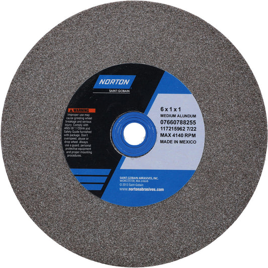 Norton 07660788255 Bench & Pedestal Grinding Wheel 6" Dia, 1" Thick, 1" Hole Dia, Aluminum Oxide