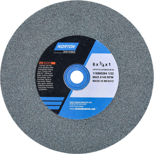 Norton 66252837190 Bench & Pedestal Grinding Wheel 6" Dia, 3/4" Thick, 1" Hole Dia, Silicon Carbide