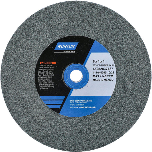 Norton 66252837187 Bench & Pedestal Grinding Wheel 6" Dia, 1" Thick, 1" Hole Dia, Silicon Carbide