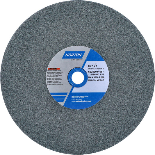 Norton 66253044087 Bench & Pedestal Grinding Wheel 8" Dia, 1" Thick, 1" Hole Dia, Silicon Carbide