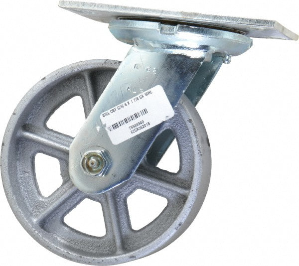 Albion 62CA06201S Swivel Top Plate Caster Cast Iron, 6" Wheel Dia, 2" Wheel Width, 1,200 lb Capacity, 7-1/2" OAH