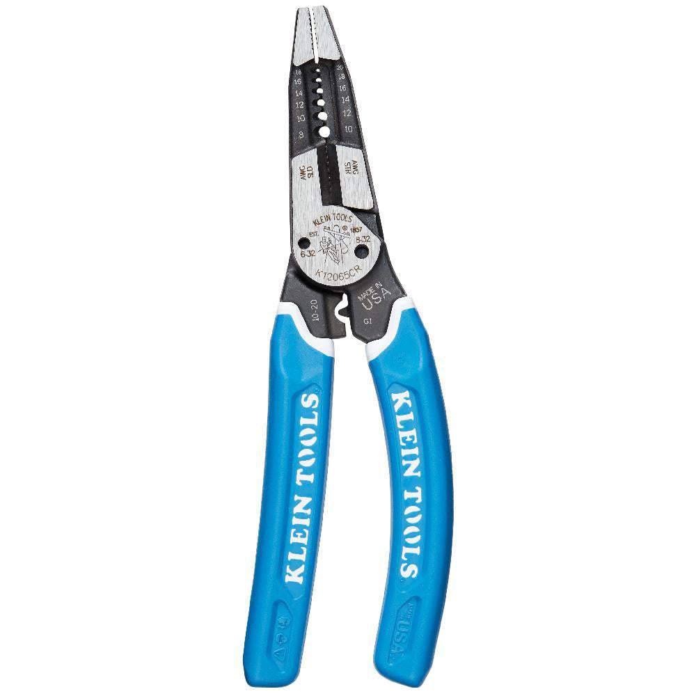 Klein Tools K12065CR Wire & Cable Strippers Maximum Capacity 10-20 AWG  Minimum Wire Gauge 8-18 AWG12-20 AWG  Insulated No  Overall Length (Decimal Inch) 8.0000  Features 4X Stronger Than Traditional Klein Wire Strippers