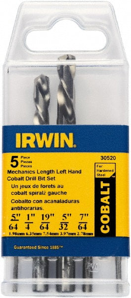 Irwin 30520 Drill Bit Set Maintenance Length Drill Bits, 5 Pc, 0.0781" to 0.2969" Drill Bit Size, 135 &deg, Cobalt