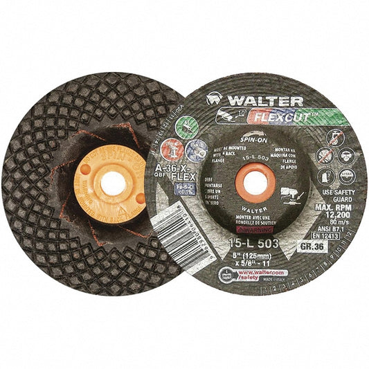 WALTER Surface Technologies 15L503 Depressed-Center Wheel Type 29, 5" Dia, 5/8-11 Hole, Aluminum Oxide