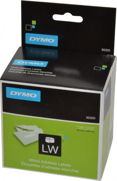 Dymo 30320 Label Maker Label White, Die Cut Paper with Semi Perm Adhesive, 3-1/2" OAL, 1-1/8" OAW, 260 per Roll, 2 Roll
