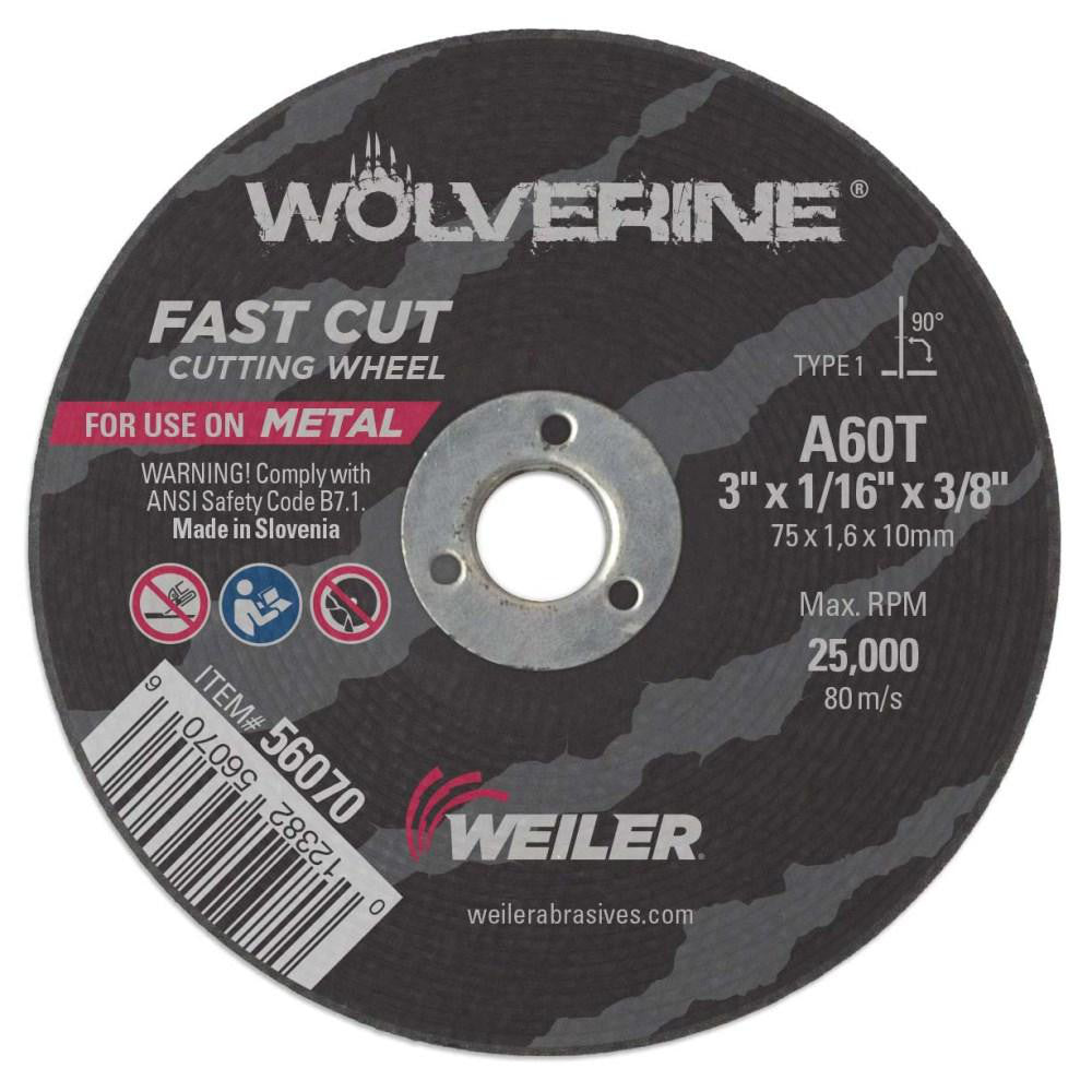 Weiler 56070 Cutoff Wheel Type 1 (01/41), 3" Dia, 1/16" Thick, 3/8" Hole, Aluminum Oxide