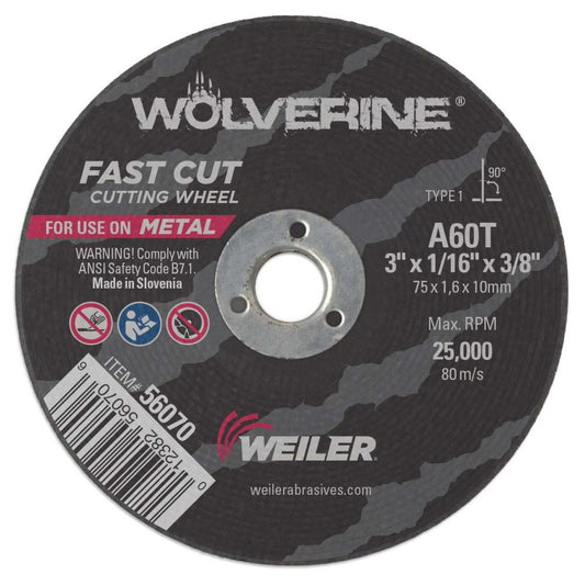 Weiler 56070 Cutoff Wheel Type 1 (01/41), 3" Dia, 1/16" Thick, 3/8" Hole, Aluminum Oxide