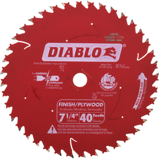 DIABLO D0740X Wet & Dry Cut Saw Blade 7-1/4" Dia, 5/8" Arbor Hole, 0.059" Kerf Width, 40 Teeth