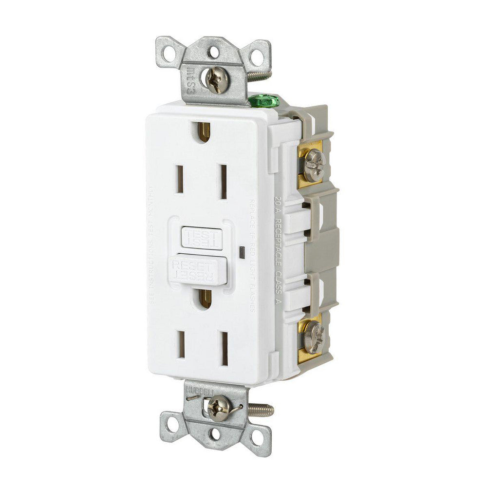 Hubbell Wiring Device-Kellems GFR15W GFCI Receptacles Grade Commercial  Receptacle Type Duplex  NEMA Configuration 5-15R  Wire Connection Type Screw Terminals  End Type Socket  Reset Type Manual