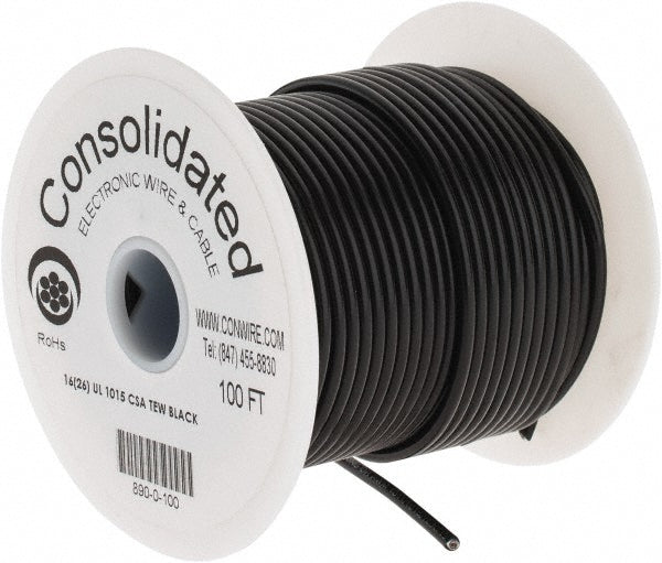 CONSOLIDATED ELECTRONIC WIRE & 890-0-100 16 AWG, 26 Strand, 100' OAL, Tinned Copper Hook Up Wire