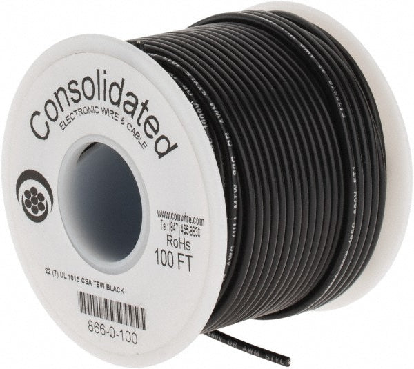 CONSOLIDATED ELECTRONIC WIRE & 866-0-100 22 AWG, 7 Strand, 100' OAL, Tinned Copper Hook Up Wire