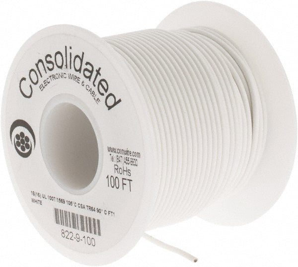 CONSOLIDATED ELECTRONIC WIRE & 822-9-100 18 AWG, 16 Strand, 100' OAL, Tinned Copper Hook Up Wire